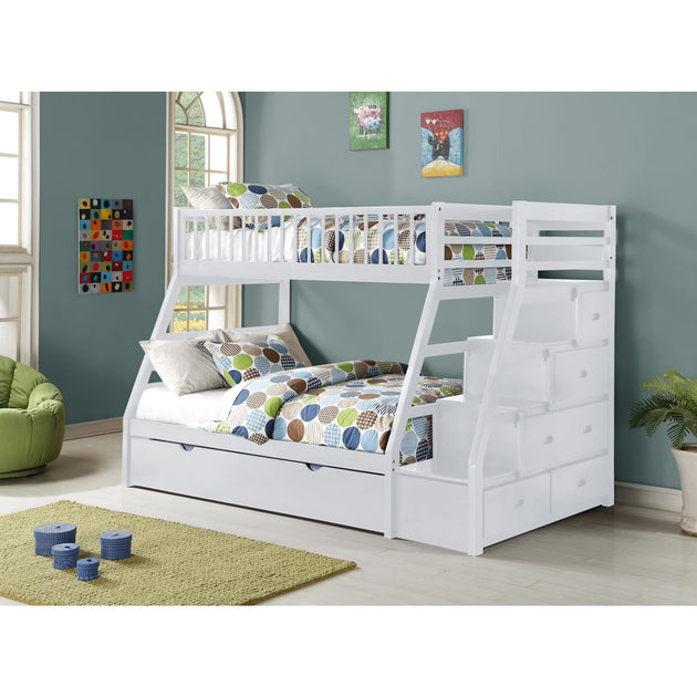 Julian White Twin Over Full Staircase Bunk Bed With Trundle 