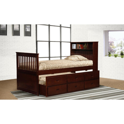 Avalon Cherry Twin Bookcase Captain’s Bed with Trundle & 3 Storage Drawers - bellafurnituretv