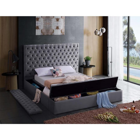 Bliss Velvet Gray Queen Storage Platform Bed - bellafurnituretv