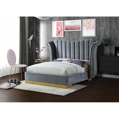 Flora Velvet Gray Queen Platform Bed - bellafurnituretv