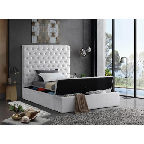 Bliss Velvet White Twin Storage Platform Bed - bellafurnituretv