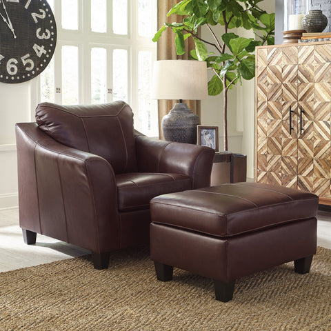 Fortney Mahogany Leather Ottoman - bellafurnituretv