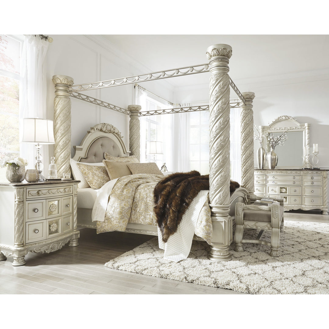 Cassimore Pearl Silver King Canopy Bed Bella Furniture