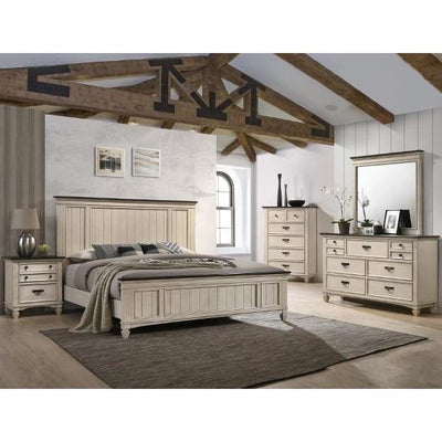Sawyer Antique White/Brown Panel Bedroom Set - bellafurnituretv