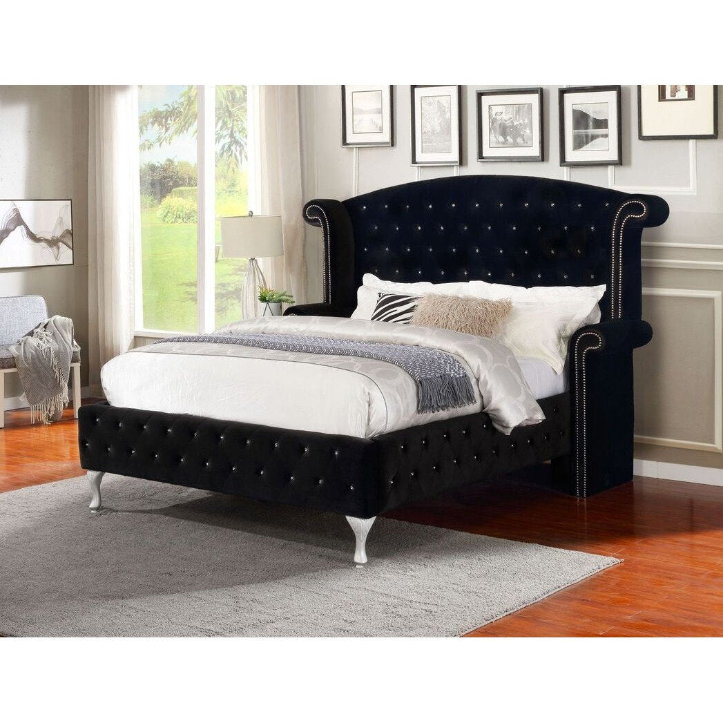 Diamond Palace Black Velvet Queen Platform Bed Bella Furniture